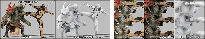 Our Dynamic Ambient Occlusion (AO) model produces global illumination effects for character animation. Notice how the effects change with different poses (right).